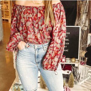 Free People Medium Sundown Bodysuit Red Paisley Combo Boho Off Shoulder NEW $78